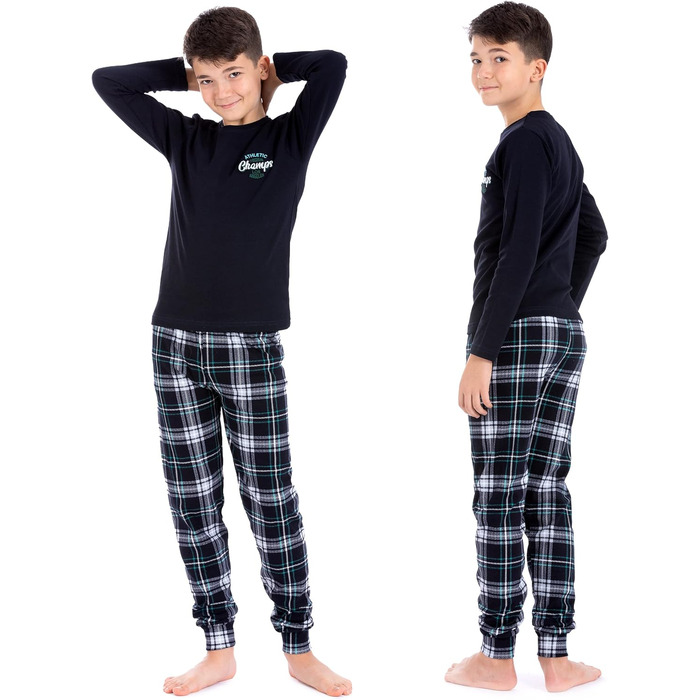 Комплект піжами/костюму LOREZA для хлопчика з довгими рукавами, 100 бавовняний інтерлок, картатий, теплий, розмір 140-146, модель 1