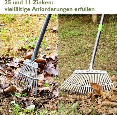 Садовий віяловий граблі Rechen Garten, 2511 зубців, металевий, з регульованою ручкою (70-185 см), для важкого листя, граблі для листя, трави та ґрунту, у комплекті з 2 парами рукавичок