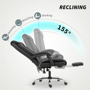 Ергономічне офісне крісло HOMCOM, регульоване на 155 з підставкою для ніг, стільце зі штучної шкіри, стійке до подряпин, легке в догляді, подвійна оббивка, м&39які підлокітники, поворотне регулювання висоти, чорний колір