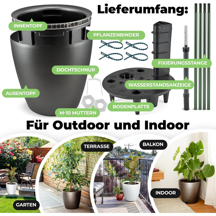 Великий квітковий горщик ZOD для зовнішнього та внутрішнього використання, горщик для квітів із автополивом та підставка для рослин, горщик для гідропоніки (кімнатний та кашпо), срібний, 10 л, 35x35x34 см