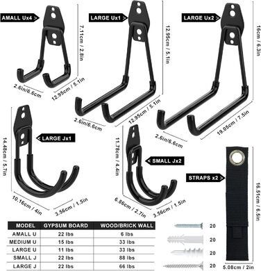 Набір з 12 настінних гачків для гаража Надміцні подвійні гачки Компактне сховище для інструментів, велосипедів, спортивного інвентарю (Black)