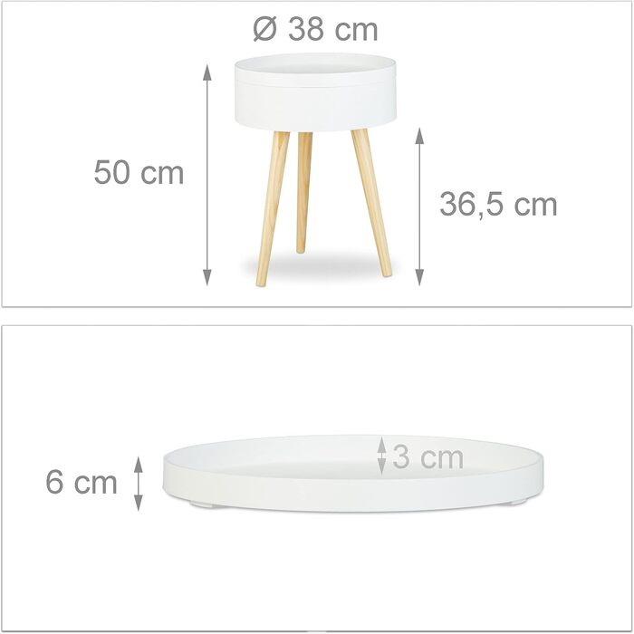 Круглий журнальний столик Relaxdays, скандинавський дизайн, стиль 70-х років, тумбочка біля ліжка з підносом та відділенням для зберігання, ВxШxГ 50x38x38 см, білий, одинарний