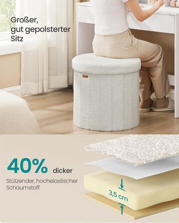 Колекція SONGMICS Mazie Круглий пуф для зберігання речей, пуф для ніг з місцем для зберігання, складний пуф зі знімною кришкою, легке складання, фліс, для гуртожитку, спальні, вітальні, кремово-білий LSF606W01 Фліс кремово-білий