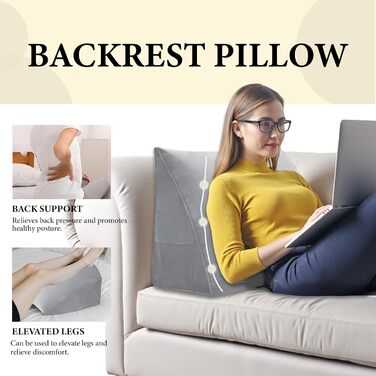 Подушка для читання Трикутна клиноподібна подушка для ліжка та дивана, зручна подушка для спини, мяка опорна подушка для читання та відпочинку, зі знімним чохлом, який можна прати, сіра, 45 см