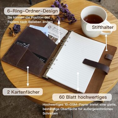 Шкіряна папка-реєстратор A5 з можливістю багаторазового заповнення, блокнот на 6 кілець, багаторазовий, на 120 сторінок, щоденник подорожей та щоденник із натуральної шкіри, подарунки для чоловіків та жінок, художники, коричневий