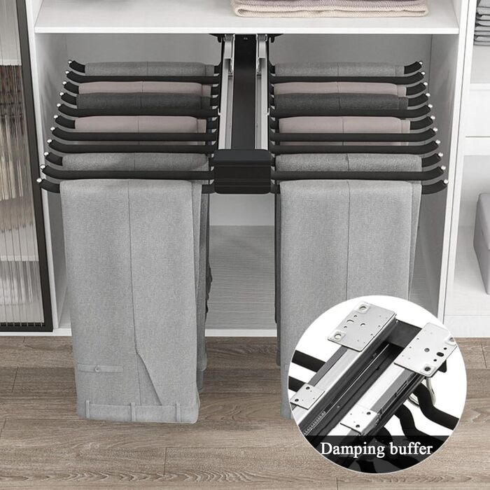 Вішалка для штанів для гардеробу, висувна вішалка для штанів, багатофункціональна підставка для штанів з 22 кронштейнами, вішалка для штанів з безшумним амортизатором, компактне сховище для гардеробів, чорний