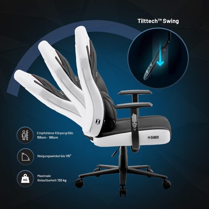 Геймерське крісло Diablo X-Gamer 2.0, офісне крісло, тканинний чохол, ергономічний дизайн, поперекова подушка, м&39яка накладка (чорно-білий), чорно-білий, 128 см x 68 см x 55 см