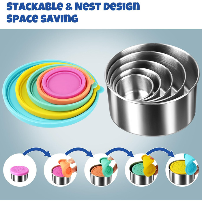 Набір контейнерів для їжі Homotte з нержавіючої сталі 304 з кришками, маленький, герметичні, для школи та офісу, штабельовані (57 мл, 113 мл, 227 мл, 400 мл, 680 мл) - 5 шт. (Синій, Жовтий, Зелений, Помаранчевий, Фіолетовий)