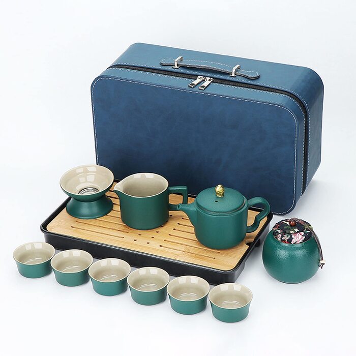 Набір для чаювання Смарагдова подорож, китайський чайний сервіз, портативний набір для чаю Кунг-Фу, 7 предметів у кейсі
