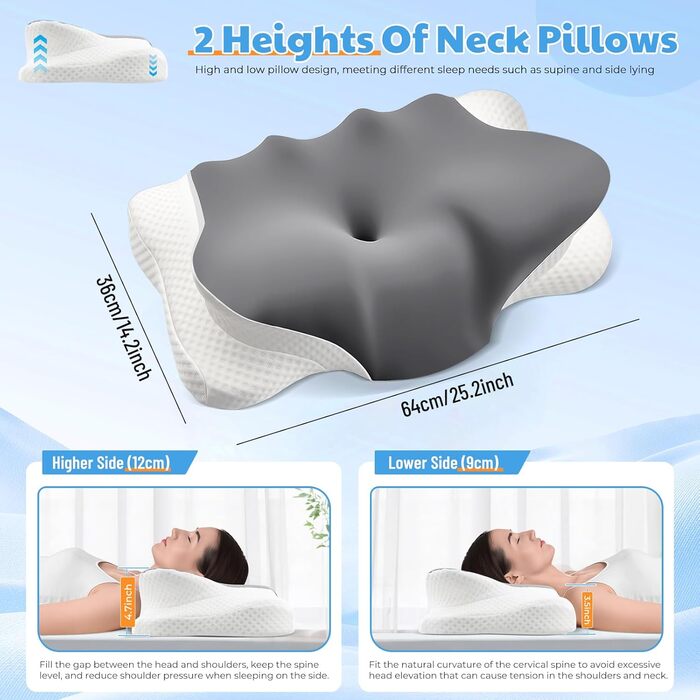 Подушка 2-в-1 з піни з ефектом пам&39яті, ортопедична подушка для шиї з чохлом Ice Silk, підтримуюча подушка для шиї, ергономічна подушка для сну на боці, для тих, хто спить на боці, на спині та на животі, 643612/9 см