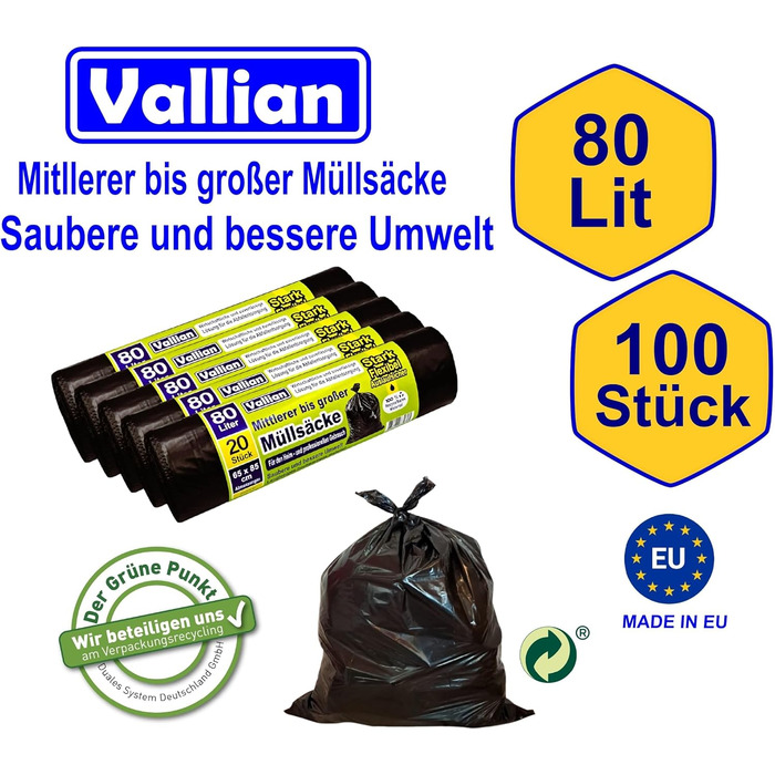 Літрові сміттєві пакети - Розміри 65 x 85 см - 20 пакетів у рулоні - стійкі до розривів, міцні та гнучкі - Упаковка з 5 рулонів (100 пакетів), 80-