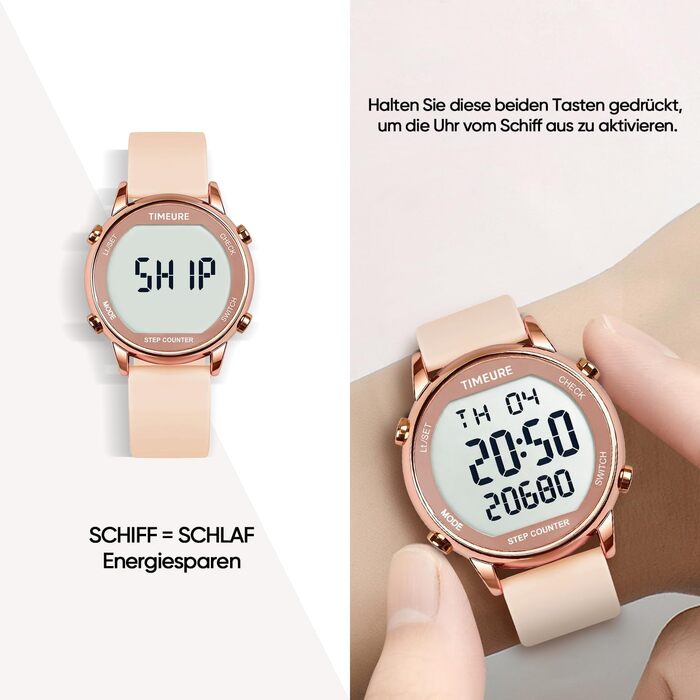 Жіночий крокомір, крокомір для ходьби, не потрібен додаток/телефон, водонепроникний фітнес-трекер калорій, відстеження відстані, будильник, великий цифровий дисплей, годинник, рожевий TU-2509