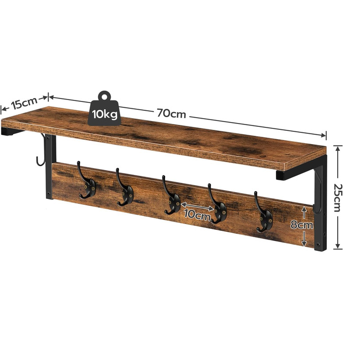 Вішалка для одягу HOOBRO настінна, настінна полиця з 7 гачками і полицею, підвісна полиця з вішалками, настінне кріплення, для пер