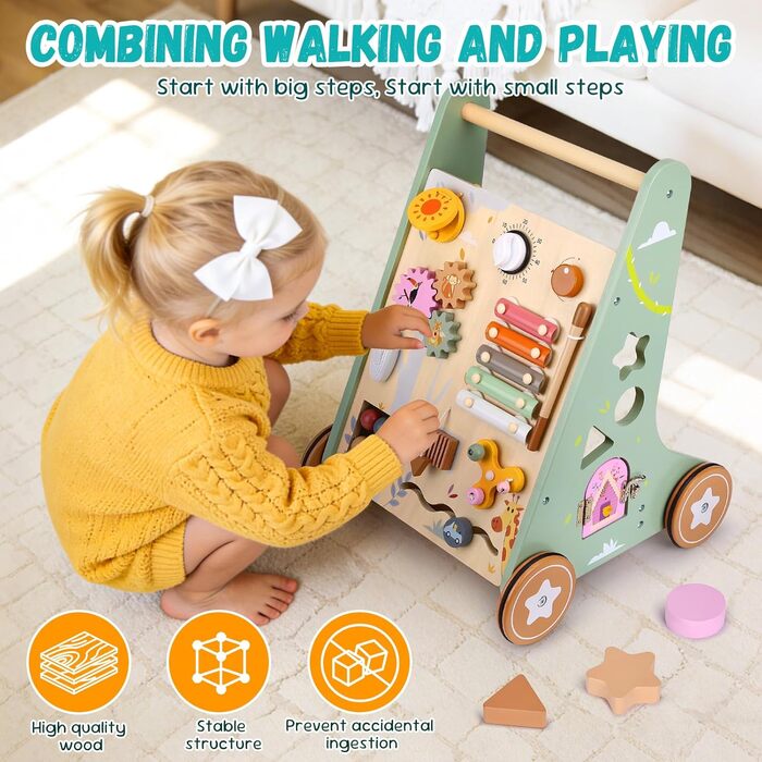 Дерев&39яні ходунки Highbird, іграшка для ходьби Монтессорі, дитячі ходунки з гумовими дерев&39яними колесами для дівчаток та хлопчиків від 1 року, розвивають моторику та стимулюють творчість