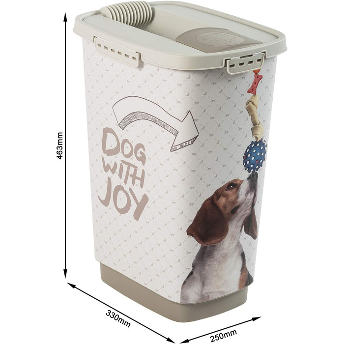 Контейнер для корму Rotho MyPet Cody 25л з кришкою та дозатором, пластик (PP) без BPA, антрацит/білий, 25л (33.0 x 25.0 x 46.3 см), дизайн з собачками