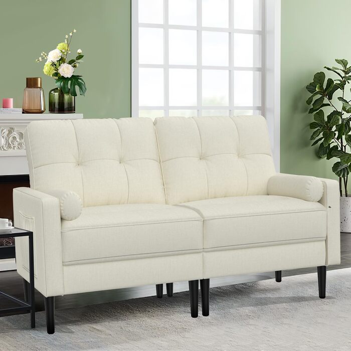 Місний диван, невелика кушетка з 2 подушками та підлокітниками, лляний диван у стилі середини століття для вітальні, спальні, бежевий кремовий колір, 2-