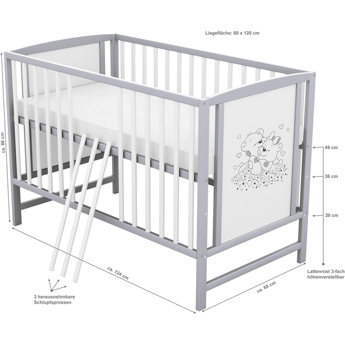 Дитяче ліжечко Baby Delux 60x120 біло-сіре з матрацом ведмежий мотив з перекладинами