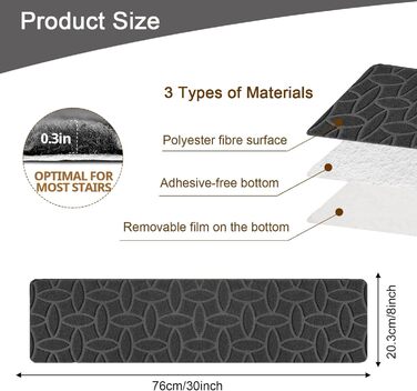 Килимки для сходів 76x20 см, самоклеючі протиковзкі килимки для сходів для використання в приміщенні, можна прати в пральній машині, 100 поліестер, основа TPE, захисний килимок для сходів для дітей та собак (розмір), 15 шт.