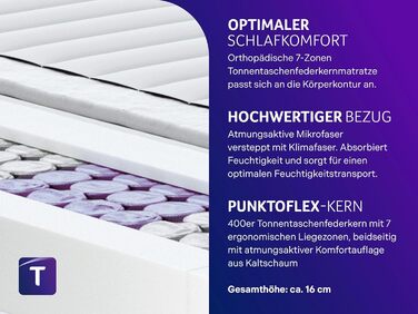 Ортопедичний матрац Traumnacht із 7 зонами та пружинами кишенькової форми, рівень жорсткості 3 (H3), 100 x 200 см, сертифікований Oeko-Tex, виготовлений відповідно до німецьких стандартів якості, 100 x 200 см, 16 см