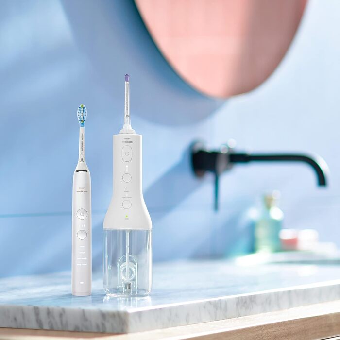 Бездротовий іригатор для порожнини рота Philips Sonicare Power Flosser та електрична зубна щітка DiamondClean 9000 - для очищення зубів, ясен і зубного нальоту, біла (модель HX3866/41)