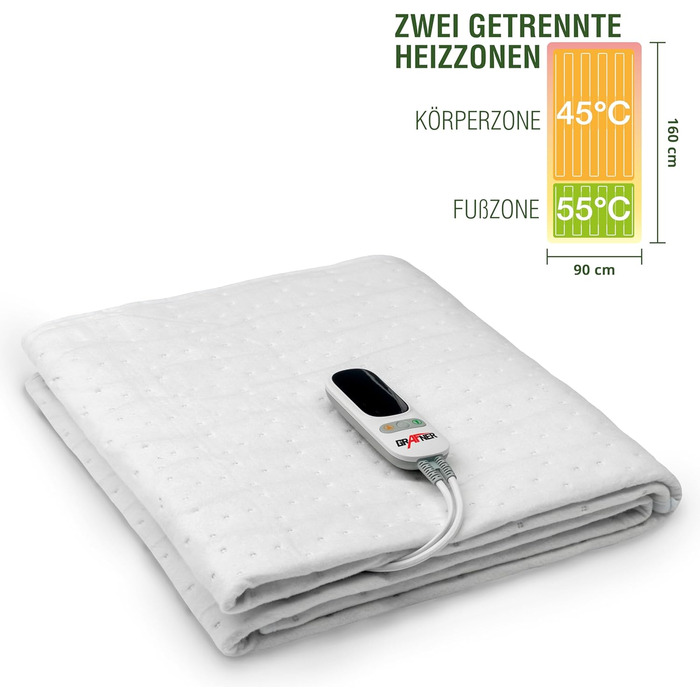 Підковдра Grafner XL з 2 зонами підігріву 190 x 90 см, 2 керовані зони для тіла та ніг, світлодіодний пульт дистанційного керування з 6 температурними режимами, захист від перегріву, автоматичне вимкнення, 78 Вт, можна прати, електрична ковдра