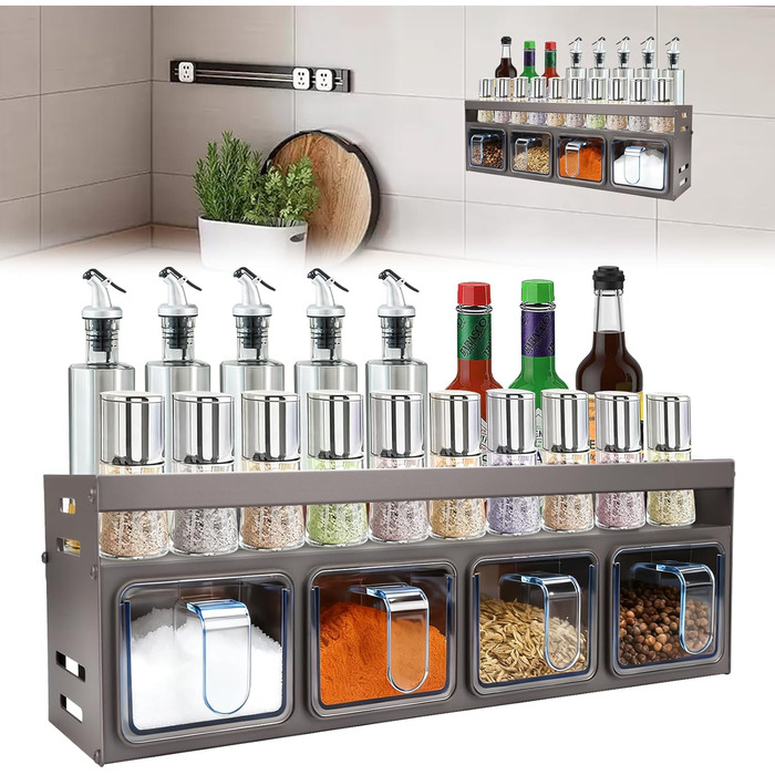 Підставка для спецій з банками для спецій, окремостояча та настінна підставка для спецій, банки для спецій з полицею, підвісна підставка для спецій (не потребує свердління) з 4 коробками для спецій, тонкий металевий органайзер для спецій на кухонну стільн