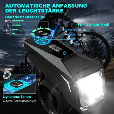 Комплект велосипедних ліхтарів TECHCYC із датчиком Lightsense, велосипедний ліхтар зі світлодіодним освітленням до 70 люкс, схвалено StVZO, велосипедний ліхтар із USB-перезарядкою, IPX6, передні велосипедні ліхтарі ємністю 2500 мАг та задній ліхтар ємніст