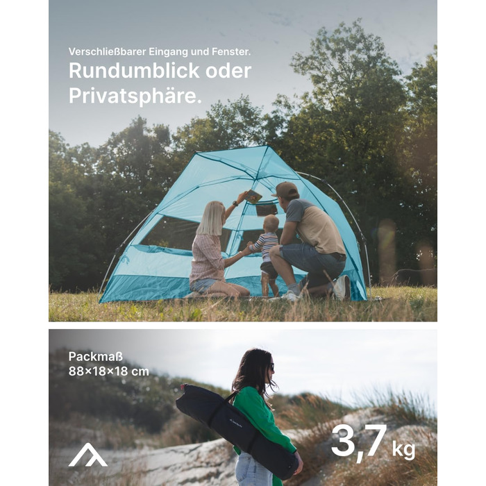 Великий пляжний навіс із захистом від ультрафіолету (UV80) для 3 осіб, включаючи піщані кілочки та сумку на колесах. Захист від сонця для сімей, дітей, немовлят або собак. Світло-блакитний