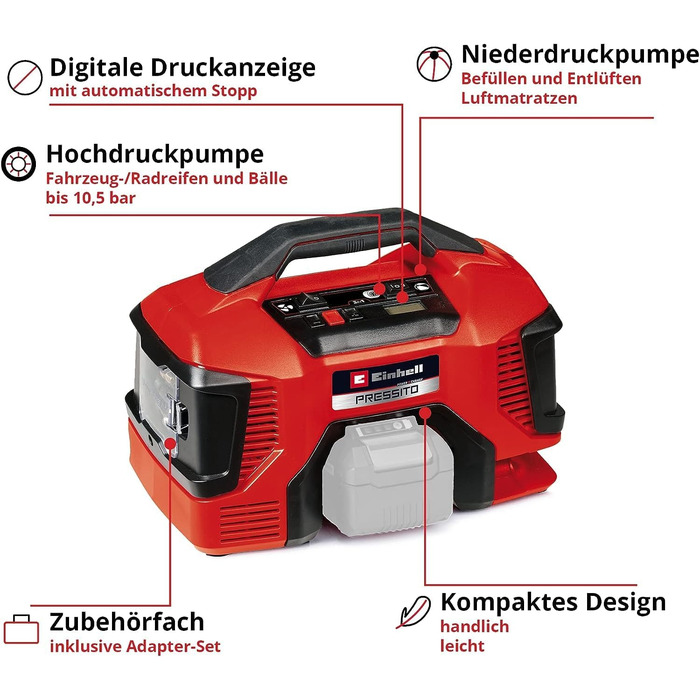 Акумуляторний компресор Einhell PRESSITO 18/21 Power X-Change (18 В, макс. 10,5 бар, потужність всмоктування 21 л/хв, частота обер