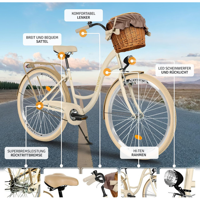 Жіночий міський велосипед MILORD Comfort з плетеним кошиком, вінтажний, 26, 28 дюймів, 1 швидкість, кремово-коричневий, 28 дюймів