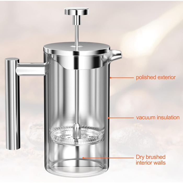 Кавоварка для френч-пресу Uootach 350 мл, високоякісні кавоварки з нержавіючої сталі, кавоварка френч-прес з потрійним фільтром з нержавіючої сталі, для дому, подорожей, кемпінгу (срібло)