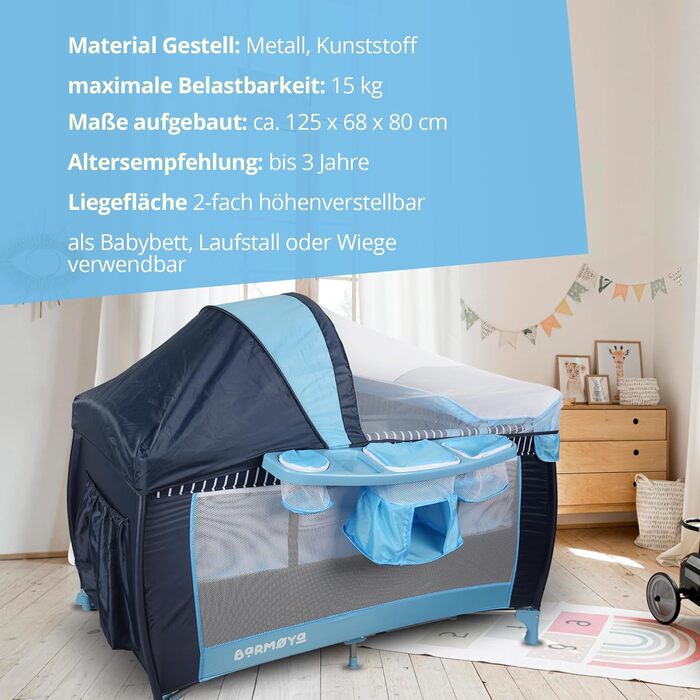 Дитяче ліжечко-дорожнє 3-в-1 з пеленальний килимок ліжечко, манеж та приліжкове ліжечко, регульована висота, москітна сітка та сонцезахисний капюшон, складне, включаючи сумку для перенесення (сіре)