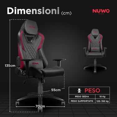 Ергономічне ігрове крісло Nuwo DoXx, крісло для ПК, ігрове крісло, 2D підлокітники, регульована спинка та висота, поперекова підтримка та підголівник, 120 кг, червона серія DoXx