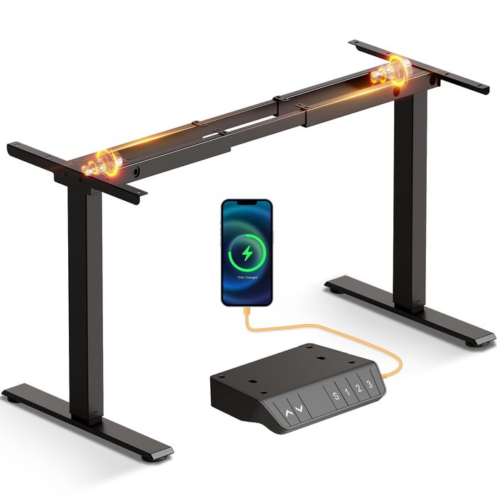 Рама столу OffiGo з регульованою висотою та 2 двигунами, регульовані по висоті ніжки столу з USB-C та A, електрична рама столу з 3 ручними елементами керування з пам&39яттю, стіл для роботи стоячи для столів 100-200 см, чорний, 2 двигуни, чорний