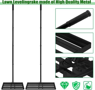 Регульована граблі-рівняч для газону з нержавіючої сталі та ергономічною ручкою. Ідеально підходить для вирівнювання газонів, розпушування ґрунту, піску та догляду за садом, двором, гольф-полем (50 x 25 см, Чорний). Розмір 50x25 см, колір - Чорний.