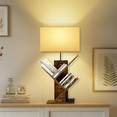 Книжкова полиця GOOGO у формі дерева з підсвічуванням та зарядною станцією, 4-рівнева окремостояча полиця для книг та компакт-дисків, 3 колірні температури, настільна книжкова полиця для вітальні, спальні та домашнього офісу (коричнева)