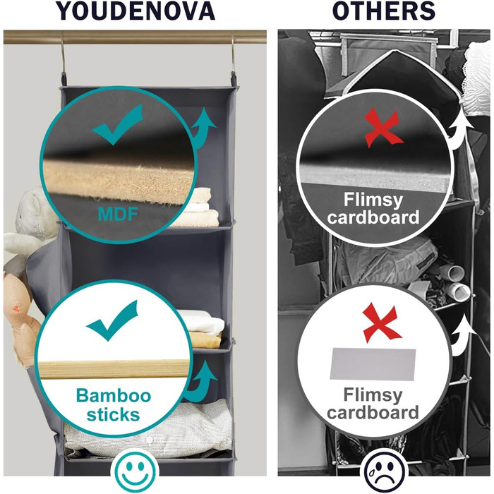 Підвісна полиця-органайзер для шафи Міцний органайзер для гардеробу Підвісна система зберігання з панелями МДФ та посиленим бамбуковим стрижнем 3 відділення сірого кольору