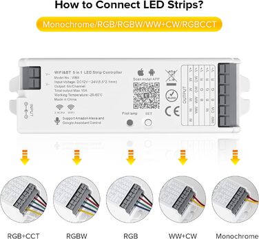 Світлодіодний контролер SEZO WB5 5-в1 WiFi Bluetooth з автоматичною синхронізацією, сумісний з Alexa/Google Home/Tuya Smart Life APP Control для монохромної світлодіодної стрічки RGB RGBCCT RGBW DC12-24V