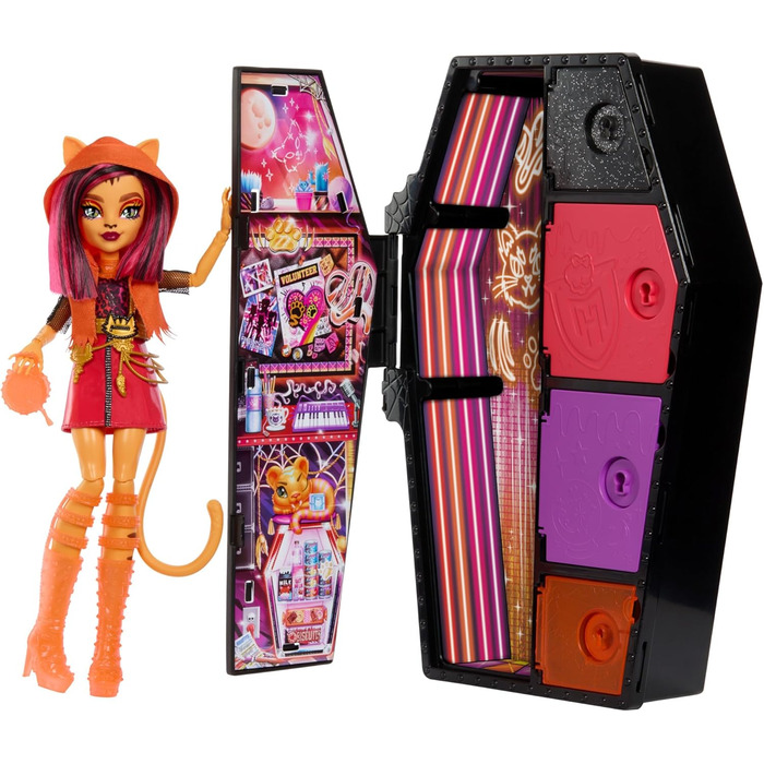 Лялька Monster High Skulltimate Secrets Toralei Stripe - Сяюча шафка з більш ніж 19 кольоровими сюрпризами, сюрпризи, таємниче покриття, що миється, для дітей віком від 6 років, HNF80