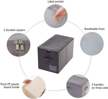 Великі, складні кошики для зберігання речей на блискавці, для спалень, шаф та одягу, 2 шт., чорно-сірі.