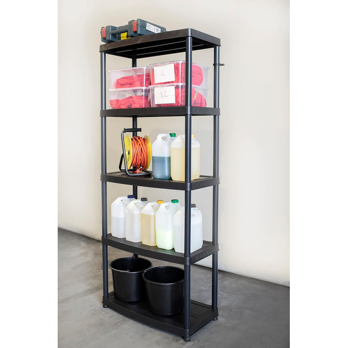 Пластиковий стелаж - з 5 полицями - висота 180 см, ширина 74 см - виготовлений з міцного пластику - для підвалу, гаража, комори, саду - до 50 кг/полиця - вставний стелаж - Чорний 180x74x40 см