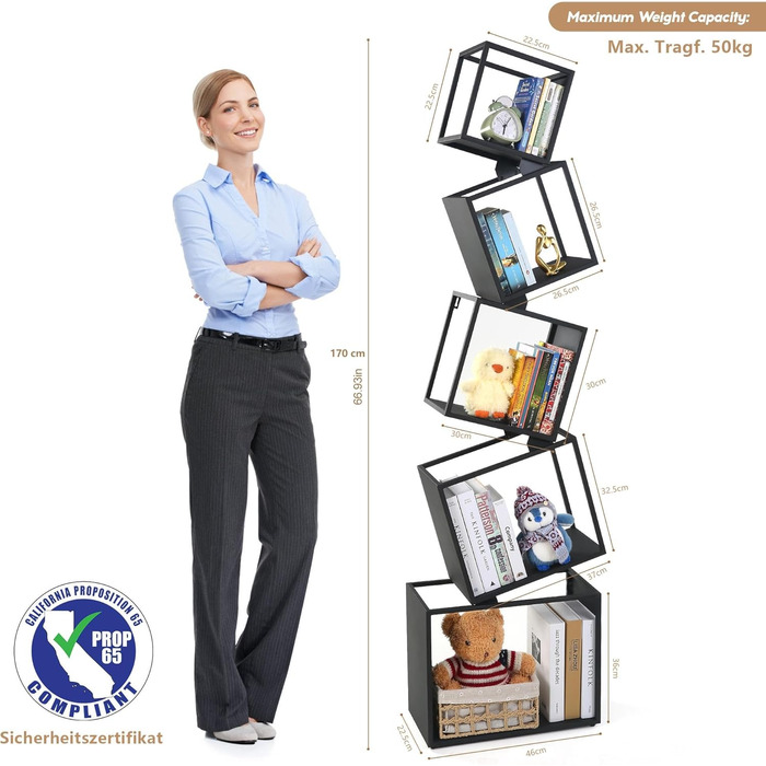 Книжкова полиця, офісна полиця 170 см, 5 полиць, чорна висока книжкова полиця, окремостояча полиця, полиця для CD/DVD для вітальні, спальні, дитячої кімнати, офісу (з відео з встановлення) Чорна 1704622,5 см