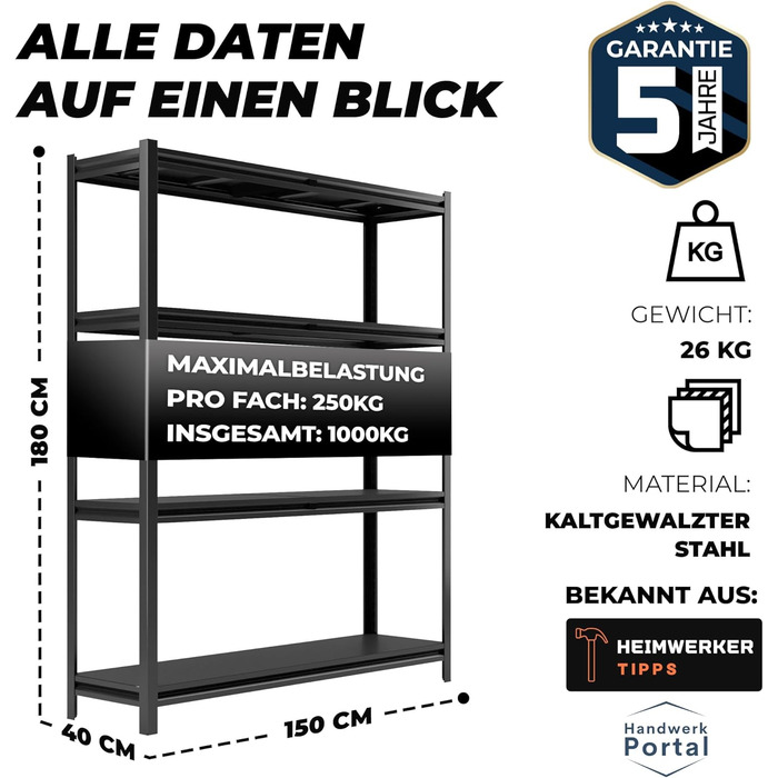 Металевий стелаж преміум-класу, чорний, з міцними металевими полицями, 180x150x40 см - вантажопідйомність 1000 кг, 100 холоднокатана сталь - стелаж глибиною 40 см, металевий стелаж для зберігання, 180x150x40 см, чорний