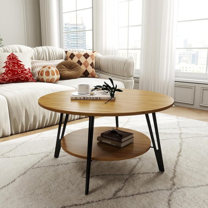 Круглий дерев&39яний журнальний столик Manora з подвійним відділенням для зберігання, круглий стіл для вітальні, дерев&39яний бічний столик з металевою основою, сучасний дизайн круглого дивана-столика для вітальні (дуб, C25298) Меблі для вітальні з дуба