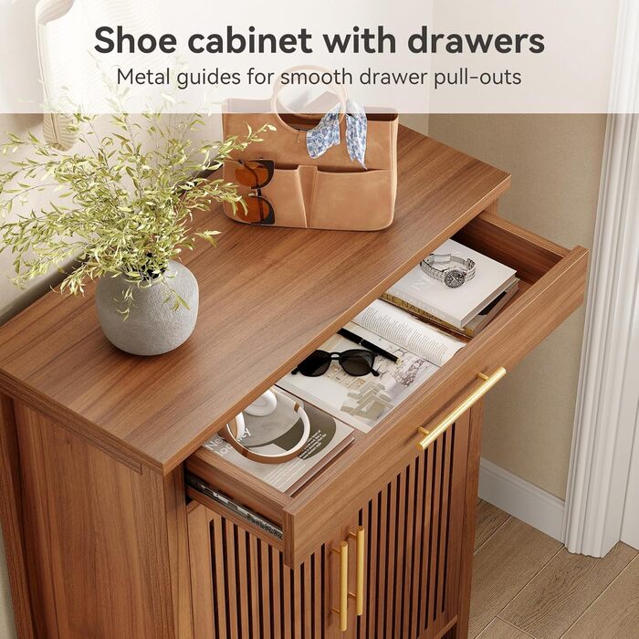 Вузька 5-ярусна взуттєва шафа Tribesigns з рейковими дверцятами та шухлядою Регульована дерев&39яна взуттєва полиця для передпокою, коридору та гардеробу 80 x 36 x 110 см, Коричневий