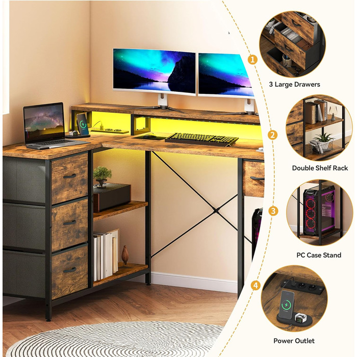 Г-подібний письмовий стіл DWVO, 140x100x85 см, двосторонній кутовий стіл з 4 шухлядами та полицею для монітора, Г-подібний стіл з 2 USB-портами для зарядки та 2 розетками для домашнього офісу, коричневий, чорний, білий (коричневий)