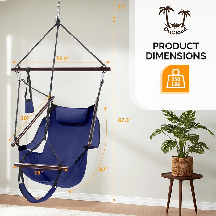 Гамак-надувне крісло з подушкою, тримач для напоїв, масив дерева, водонепроникне, для використання в приміщенні/на вулиці, для двору, саду, дерева, тераси, ганку, 113 кг (темно-синій)