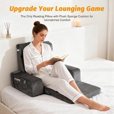 Велика подушка для читання зі знімною спинкою, ергономічна подушка для спини з підлокітником, кишенею та чохлом, який можна прати, для читання та перегляду телевізора (сіра)