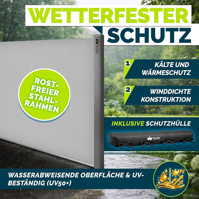 Бічний тент tillvex 200 x 400 см, висувний та непрозорий, з дощовиком Ширма для забезпечення конфіденційності для балкона, саду та тераси Бічна рулонна штора з настінним кріпленням Сонячний тент з нержавіючої сталі 200 x 400 см, сірий