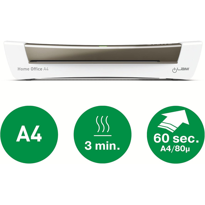 Ламінатор Leitz A4, для ламінувальних пакетів товщиною від 80 до 125 мікрон, включаючи стартовий комплект ламінувальних рукавів, ідеально підходить для використання в домашніх офісах, невеликих офісах та школах, сірий, iLAM, 73680089 Сірий A4 одинарний